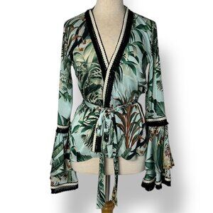 PatBO Kimono Style Tropical Floral Wrap Top Green Blue Long Sleeve Eden Sz XS